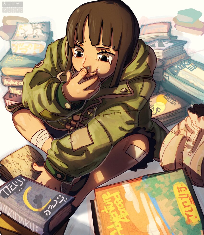 1girl aged_down bandaid bandaid_on_leg black_hair blunt_bangs book commentary crying eating green_jacket highres hood hooded_jacket jacket medium_hair nico_robin one_piece sitting solo taku_(aywakutakuay) tears