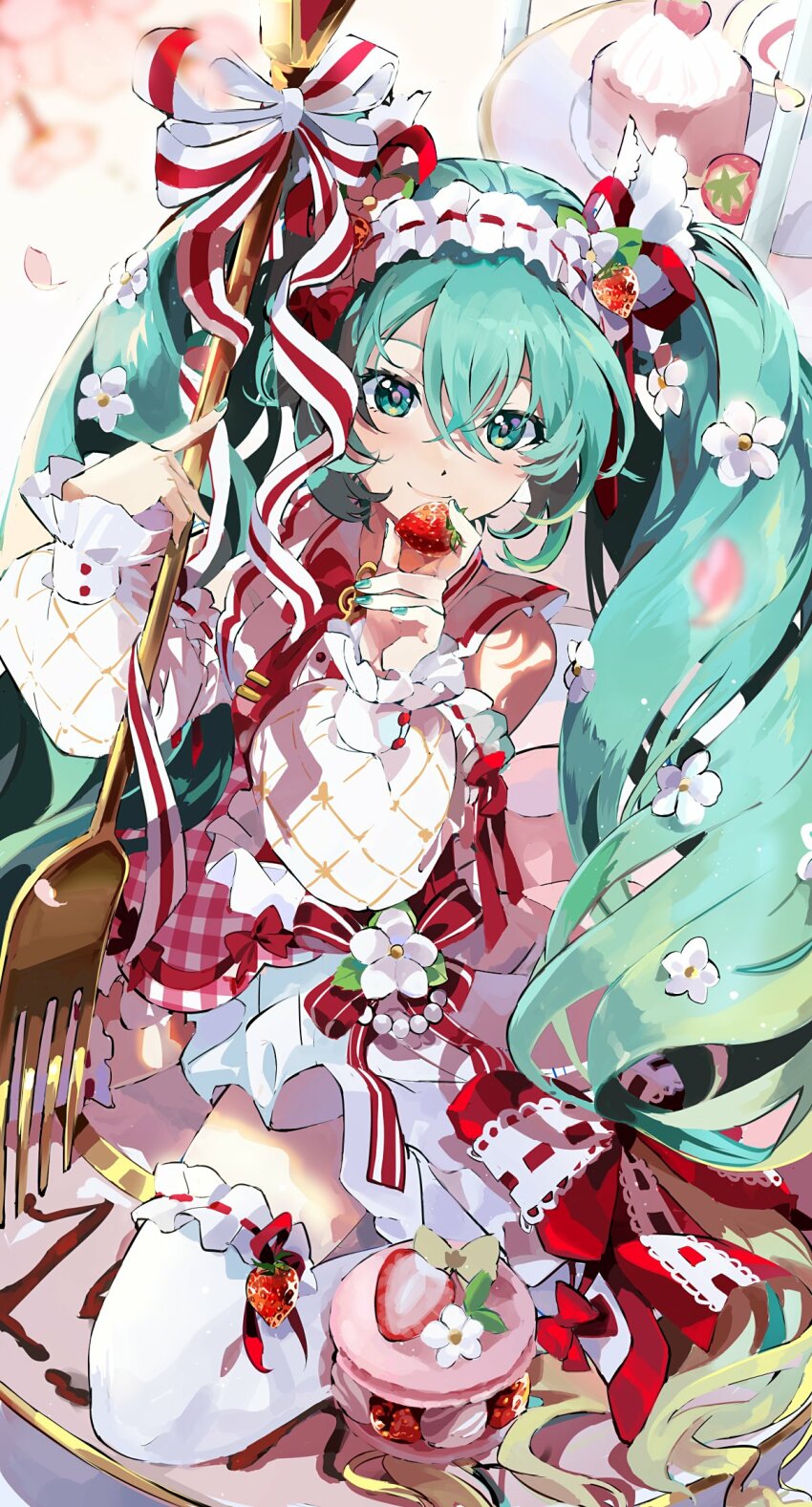 1girl aqua_nails closed_mouth crossed_bangs detached_sleeves dress food food-themed_hair_ornament fork fruit hair_between_eyes hair_ornament hairband hatsune_miku highres holding holding_food holding_fork holding_fruit iwatnc lolita_hairband looking_at_viewer macaron nail_polish official_alternate_costume oversized_object pink_theme plaid_clothes plaid_dress ribbon smile solo strawberry strawberry_hair_ornament strawberry_miku_(morikura) twintails two-tone_ribbon vocaloid