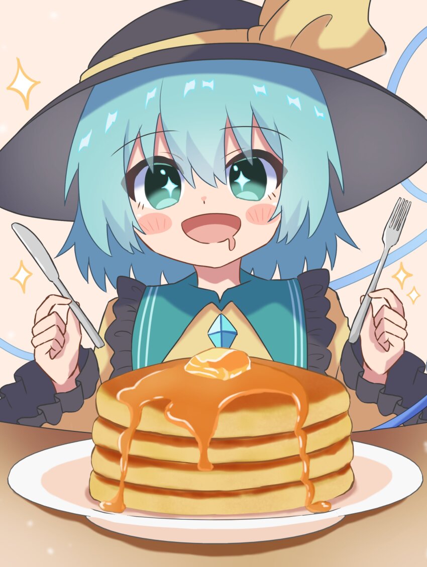 1girl :d absurdres black_hat blush_stickers butter buttons commentary_request diamond_button drooling food fork frilled_shirt_collar frills green_eyes green_hair hat hat_ribbon high_meron highres holding holding_fork komeiji_koishi long_sleeves mouth_drool open_mouth pancake pancake_stack plate ribbon shirt smile sparkle sparkling_eyes sun_hat syrup touhou upper_body wide_sleeves yellow_ribbon yellow_shirt