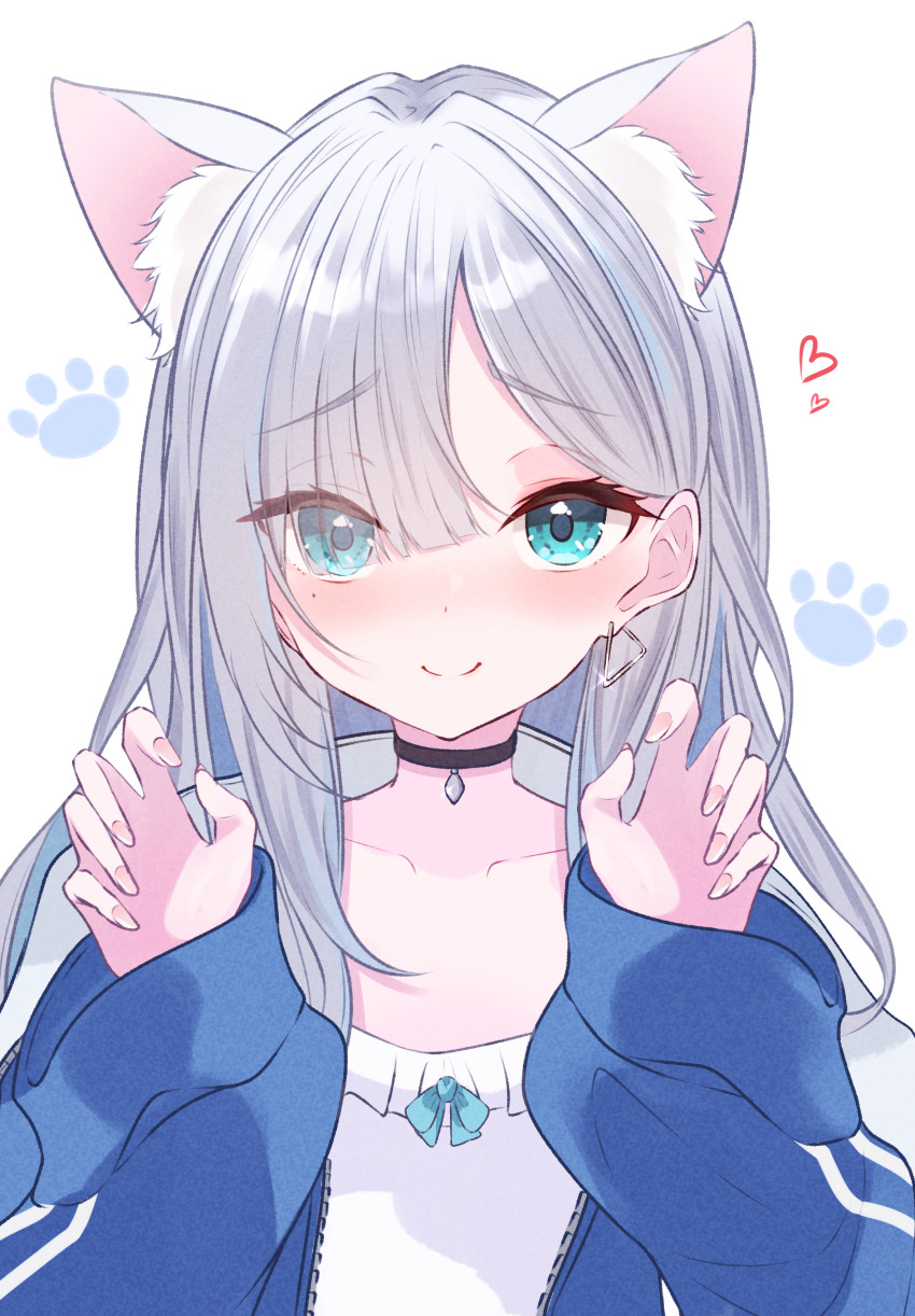 1girl absurdres animal_ear_fluff animal_ears black_choker blue_eyes blue_jacket blush cat_ears cat_girl choker closed_mouth commentary earrings grey_hair hands_up heart highres jacket jewelry kaga_sumire long_sleeves looking_at_viewer nishiki_yuno nose_blush open_clothes open_jacket simple_background smile solo straight-on upper_body virtual_youtuber vspo! white_background