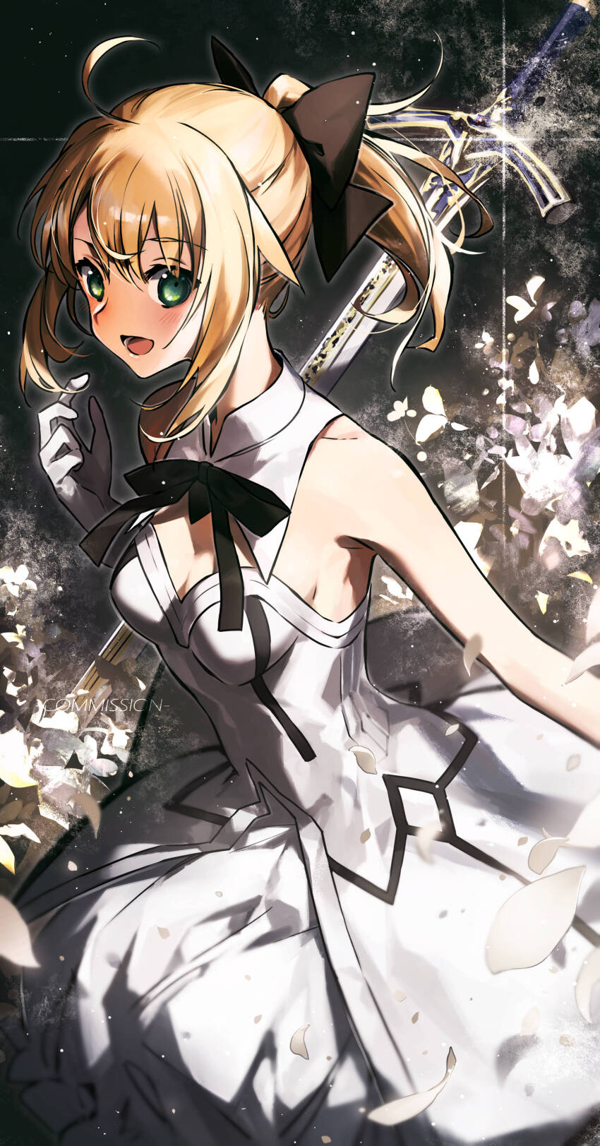 1girl :d absurdres ahoge artoria_pendragon_(all) artoria_pendragon_(fate) black_bow black_bowtie black_ribbon blonde_hair blush bow bowtie breasts cleavage detached_collar dress excalibur_(fate/stay_night) fate/unlimited_codes fate_(series) gloves green_eyes hair_between_eyes highres long_hair medium_breasts neck_ribbon open_mouth ponytail ribbon saber_lily shigure_(shigure_43) sidelocks smile solo standing strapless strapless_dress white_dress white_gloves