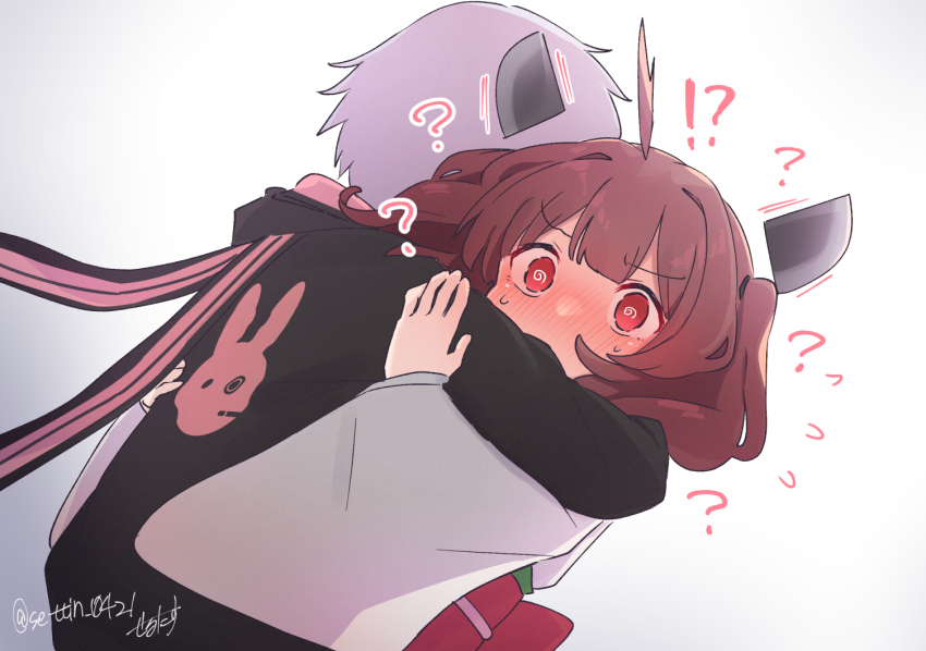 !? 2girls ? @_@ ahoge black_hoodie blush brown_hair center-flap_bangs commentary_request confused embarrassed floating_headgear full-face_blush gradient_background grey_background hair_tie headgear hood hood_down hoodie hug japanese_clothes kimono long_sleeves multiple_girls obi purple_hair red_eyes sash sechin short_hair short_twintails sidelocks signature sweat touhoku_kiritan twintails twitter_username upper_body voiceroid white_background white_kimono wide_sleeves yuri yuzuki_yukari