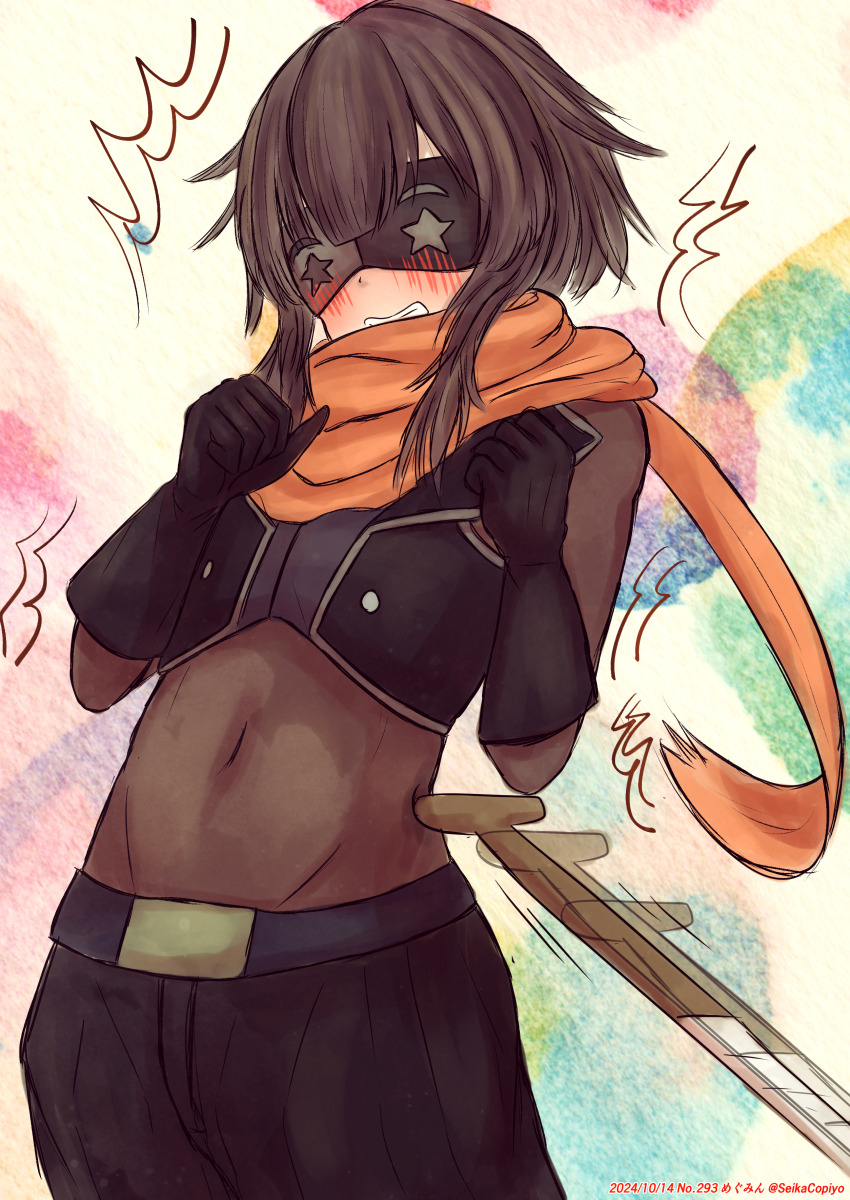 1girl absurdres alternate_costume black_gloves black_pants blush bodystocking brown_hair covered_navel gloves highres kono_subarashii_sekai_ni_shukufuku_wo! mask megumin navel orange_scarf pants poking scarf seikacopiyo short_hair_with_long_locks solo