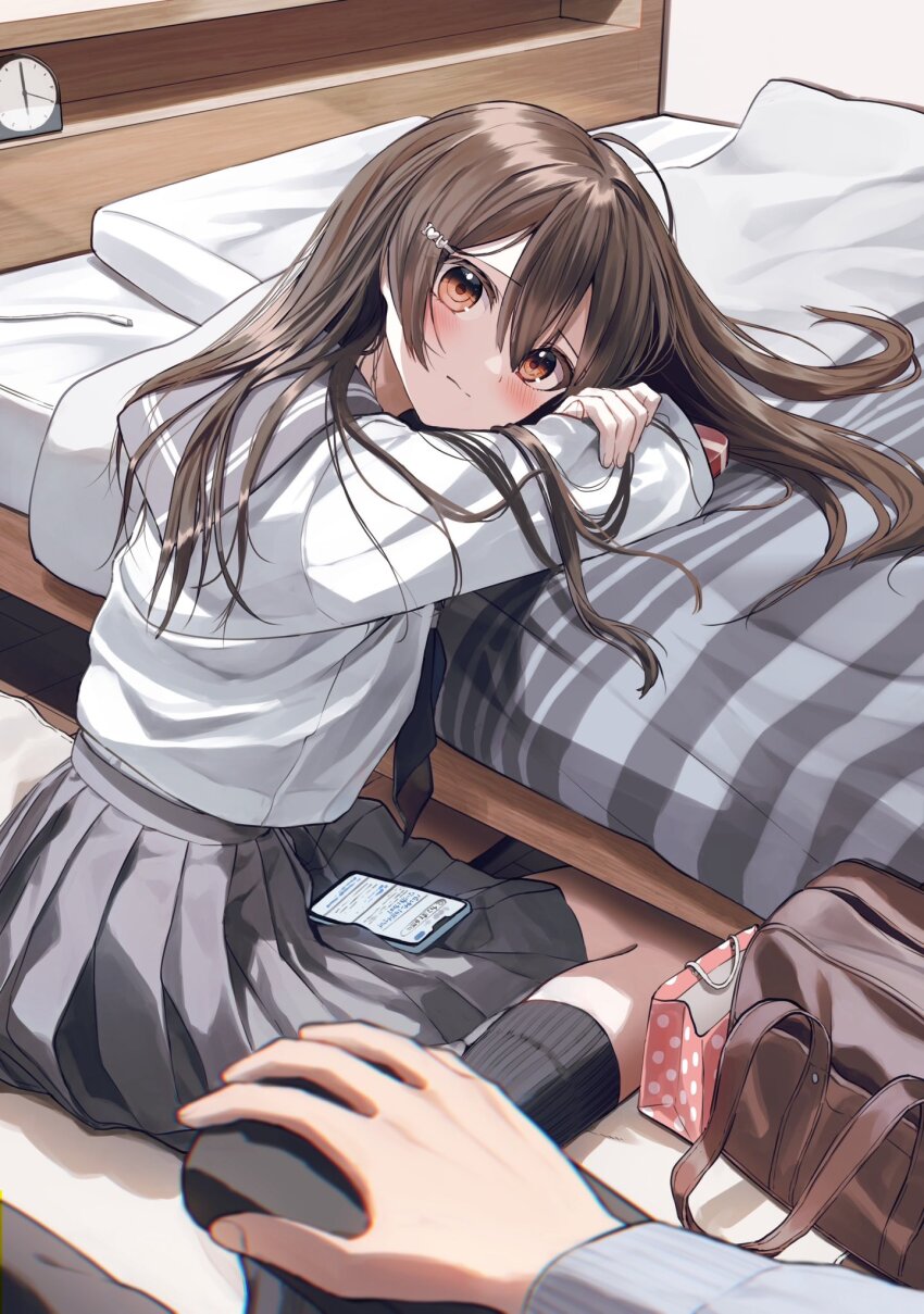 1boy 1girl bag bed black_socks blush box brown_eyes brown_hair cellphone clock commentary_request crossed_arms grey_sailor_collar grey_skirt hair_between_eyes hair_ornament highres long_hair no_shoes original paper_bag pentagon_(railgun_ky1206) phone pillow pleated_skirt sailor_collar school_bag school_uniform serafuku shirt sitting skirt socks solo_focus very_long_hair wariza white_shirt wooden_floor