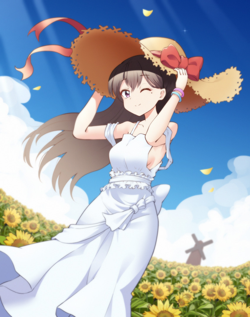 1girl bang_dream! bang_dream!_it&#039;s_mygo!!!!! bow bracelet breasts brown_hair brown_hat closed_mouth cloud commentary day dress field floating_hair flower flower_field hat hat_bow highres holding holding_hat holding_unworn_clothes jewelry jiwon_(sj1) long_hair medium_breasts mole mole_under_eye one_eye_closed outdoors purple_eyes red_bow shiina_taki sideboob sky solo sun_hat sundress sunflower sunflower_field white_dress