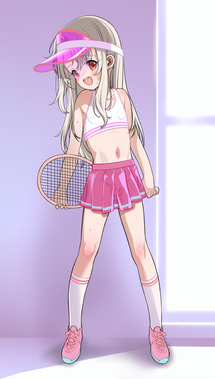 1girl absurdres blush fate/kaleid_liner_prisma_illya fate_(series) female_focus full_body highres holding holding_racket illyasviel_von_einzbern kneehighs legs_apart long_hair looking_at_viewer nanjou_asuka navel open_mouth paid_reward_available pink_footwear pink_skirt pleated_skirt prisma_illya pussy racket red_eyes see-through_clothes see-through_skirt shoes skirt smile sneakers socks solo sports_bra sportswear standing teeth tennis_racket tennis_uniform upper_teeth_only visor_cap white_hair white_socks