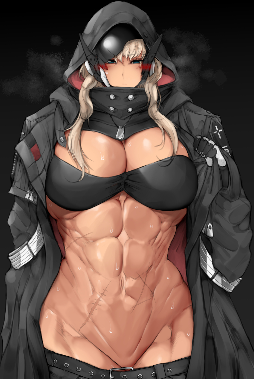 1girl abs absurdres belt black_background black_belt black_coat black_pants black_sports_bra blonde_hair blue_eyes blush blush_visible_through_clothes breasts broken_mask cleavage closed_mouth clothes_pull coat commentary_request cowboy_shot dog_tags gloves goddess_of_victory:_nikke grave_(nikke) groin highres hood hood_up hooded_coat jin-jin large_breasts long_hair long_sleeves looking_at_viewer mask metal_gloves multiple_scars muscular muscular_female navel open_clothes open_coat pants pants_pull scar scar_on_stomach solo sports_bra standing stomach sweat