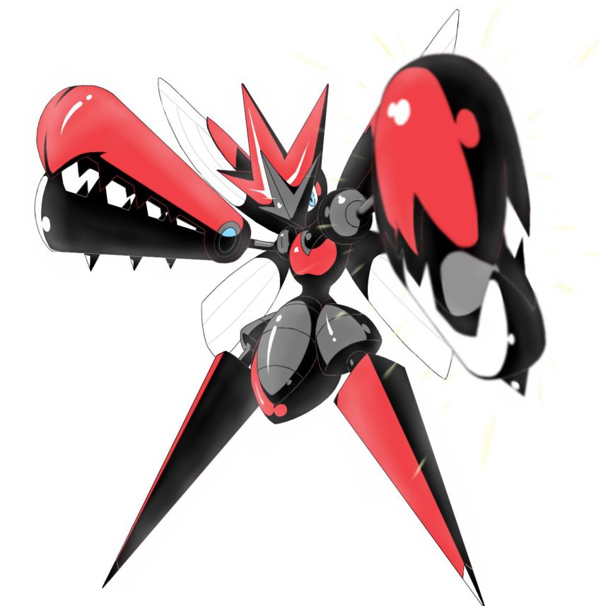 10s blue_eyes claws creatures_(company) game_freak gen_2_pokemon highres horns insect_wings mega_pokemon mega_scizor multiple_wings nintendo no_humans parka_(summersketch) pokemon pokemon_(creature) pokemon_xy scizor solo spikes wings