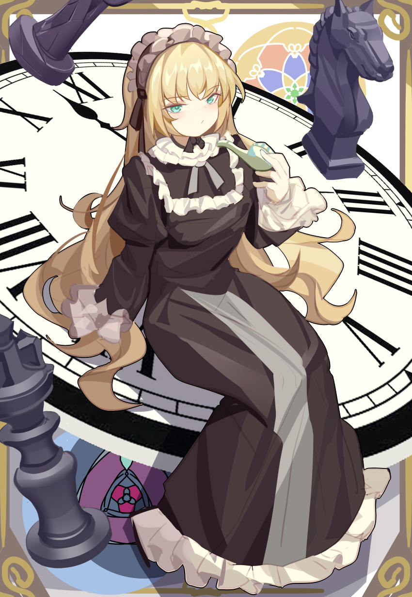 1girl absurdres black_dress blonde_hair blunt_bangs chess_piece clock_face collar dress frilled_collar frilled_sleeves frills from_above from_side full_body gosick gothic_lolita green_eyes hair_spread_out hairband highres hime_cut holding holding_smoking_pipe light_blush light_frown lolita_fashion long_hair luai mixed-language_commentary ribbon sidelocks sitting smoking_pipe solo very_long_hair victorica_de_blois