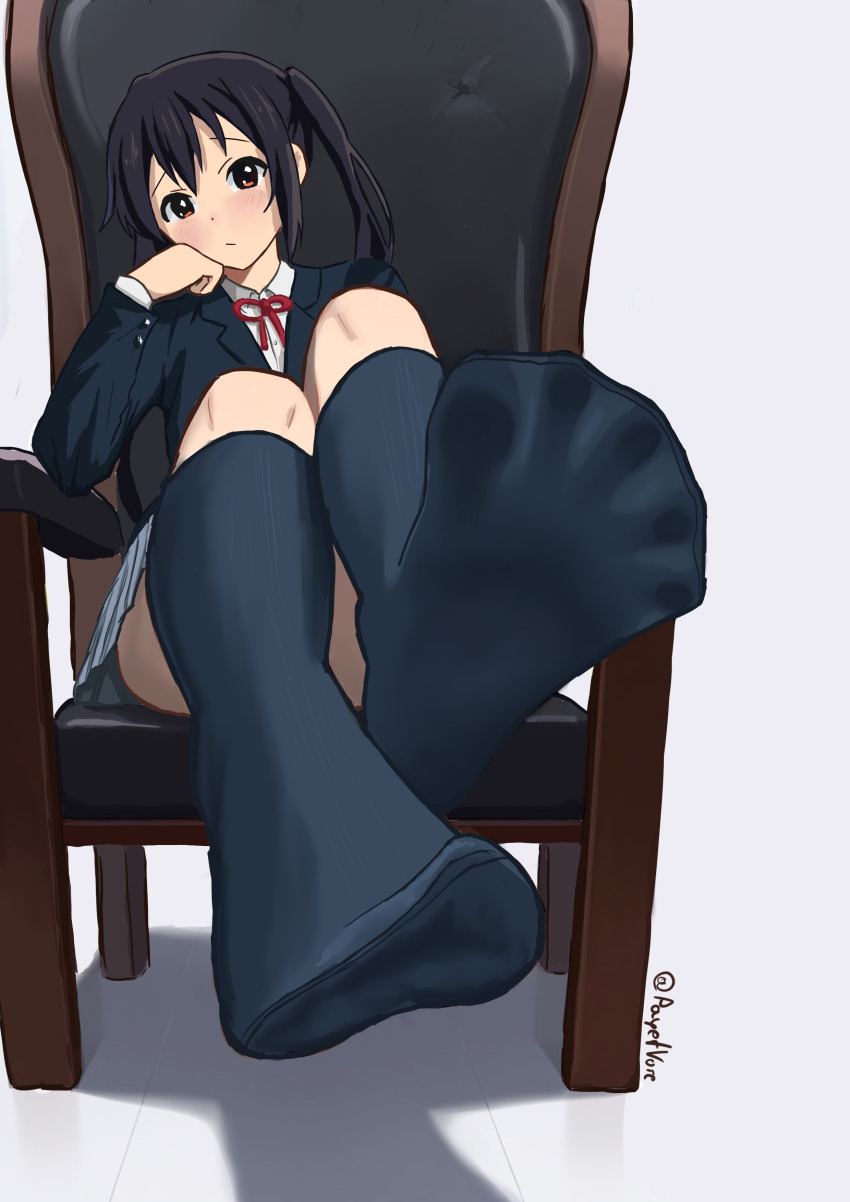 1girl absurdres artist_name black_hair black_jacket black_socks blush brown_eyes closed_mouth collared_shirt commentary commission convenient_leg english_commentary feet foot_focus full_body grey_skirt hair_between_eyes hand_up head_rest highres jacket k-on! knees_up legs_together long_hair long_sleeves looking_at_viewer miniskirt nakano_azusa neck_ribbon no_shoes on_chair payetvore pleated_skirt red_ribbon ribbed_socks ribbon sakuragaoka_high_school_uniform school_uniform shadow shirt sidelocks sitting skirt socks soles solo spread_toes toes twintails twitter_username white_shirt