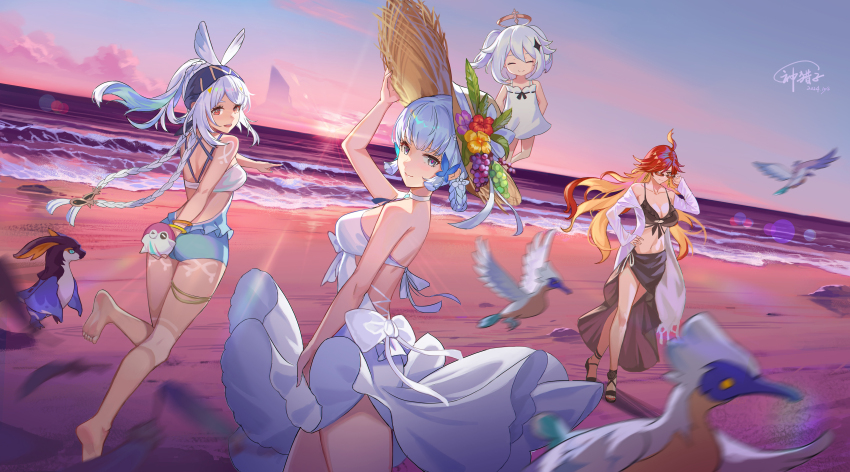 4girls absurdres adjusting_clothes adjusting_eyewear adjusting_headwear ahoge alternate_costume arm_behind_back arm_up ayaka_(genshin_impact) bare_shoulders barefoot beach bikini bird black_bikini black_sarong blue_eyes blue_hair blue_hairband body_markings bracelet braid braided_hair_rings breasts cleavage closed_eyes closed_mouth commentary_request dated dress earrings fish-shaped_pupils floating floating_clothes floating_hair flower genshin_impact god_hunter hair_between_eyes hair_ornament hair_rings hairband halo hand_on_own_hip hat hat_flower highres jewelry koholasaurus_(genshin_impact) large_breasts long_hair looking_at_viewer looking_back looking_over_eyewear mavuika_(genshin_impact) mechanical_halo mualani_(genshin_impact) mualani_(hot_springs)_(genshin_impact) multicolored_hair multiple_girls nail_polish navel ocean official_alternate_costume official_alternate_hairstyle open_mouth orange_eyes orange_hair outdoors paimon_(genshin_impact) paimon_(hot_springs)_(genshin_impact) pink_pupils red_eyes red_hair red_nails running sand sarong signature smile straw_hat sunburst_iris sunglasses sunset swimsuit swimsuit_cover-up teeth toenail_polish toenails twin_braids two-tone_hair upper_teeth_only water waves white_dress white_hair