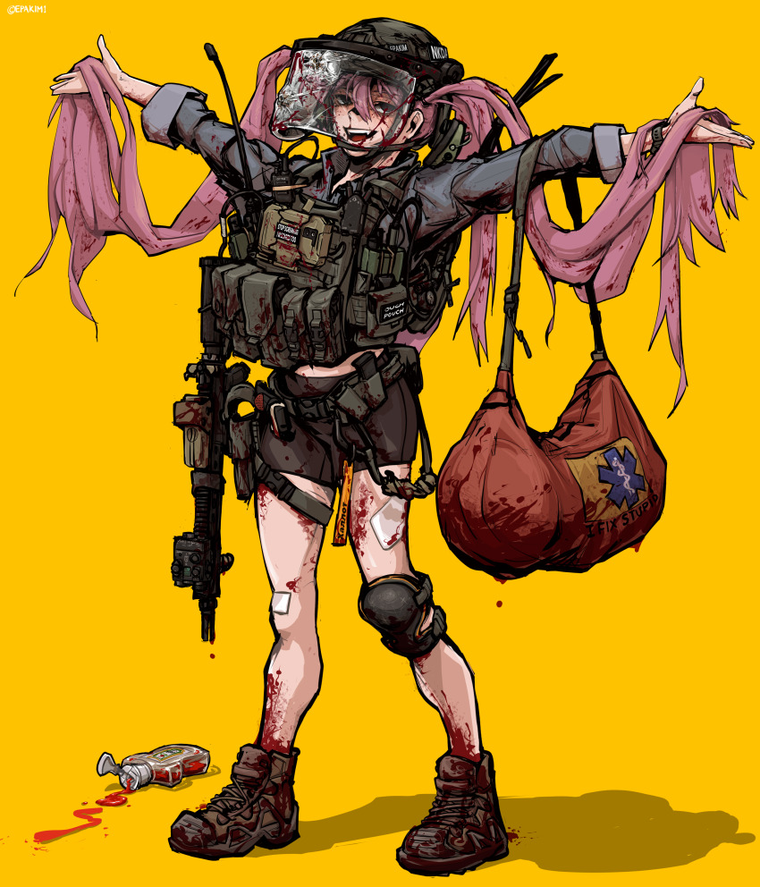 1girl absurdres ammunition_pouch assault_rifle bag bandages bike_shorts black_eyes blood blood_bag blood_in_hair blood_on_face blood_on_hands blood_on_leg blood_on_shoes bloody_bandages blue_sleeves body_armor brown_footwear bullet_hole bulletproof_vest chest_rig collared_shirt combat_helmet combat_medic crack cracked_glass dual_ptt duffel_bag ear_protection empty_eyes eotech epakim face_shield fangs fangs_out foregrip gun gun_sling hair_between_eyes helmet highres holster ketchup ketchup_bottle knee_pads laser_sight laughing load_bearing_vest long_hair long_sleeves looking_at_viewer low_twintails m4_carbine magazine_(weapon) muzzle_device open_mouth optical_sight original outstretched_arms pink_hair pouch rifle rod_of_asclepius shirt shoelaces shoes single_knee_pad sleeves_rolled_up sneakers spread_arms squeeze_bottle standing star_of_life thigh_holster twintails vertical_foregrip very_long_hair walkie-talkie watch weapon wristwatch yellow_background