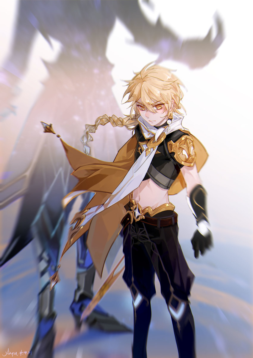 1boy absurdres abyss_herald_(genshin_impact) aether_(genshin_impact) ahoge belt blonde_hair braid cape earrings genshin_impact gloves gold_cape highres jewelry ljayu long_hair midriff navel pants scarf single_braid yellow_eyes