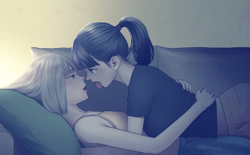 2girls after_kiss aria_(vampeerz) black_hair blonde_hair blue_eyes blush brown_eyes collarbone french_kiss higashiyama_shou hug ichika_(vampeerz) kiss long_hair looking_at_another multiple_girls ponytail saliva saliva_trail shirt short_hair tongue tongue_out vampeerz yuri