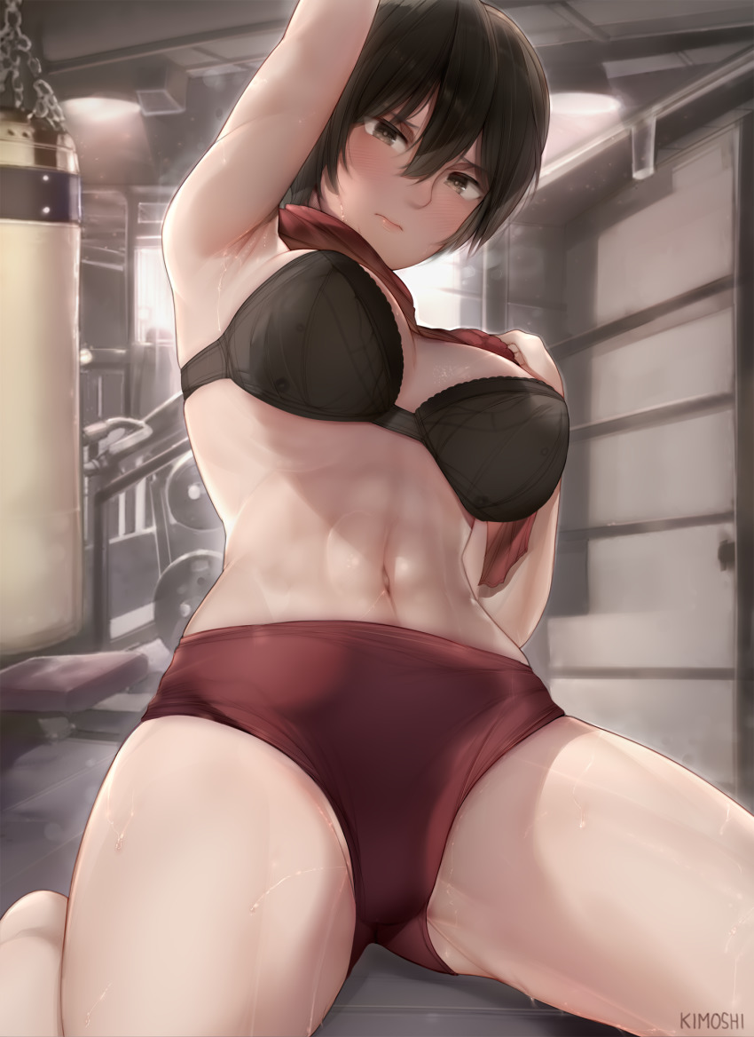 1girl abs arm_up armpit_lips armpits between_legs black_bra black_hair bra breasts brown_eyes closed_mouth embarrassed gluteal_fold gym gym_shorts hair_between_eyes highres kimoshi large_breasts light_blush looking_at_viewer mikasa_ackerman navel red_scarf red_shorts scarf shingeki_no_kyojin short_hair shorts solo sweat sweatdrop underwear