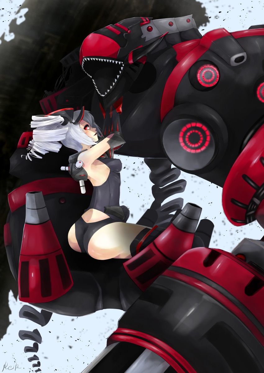 1girl absurdres armor ass bad_id bad_pixiv_id bare_shoulders black_gloves black_leotard bodysuit breasts bronya_zaychik bronya_zaychik_(black_nucleus) drill_hair female_focus gloves grey_background hair_between_eyes hair_ornament highres honkai_(series) honkai_impact_3rd leotard looking_at_viewer looking_back mecha medium_breasts medium_hair red_eyes reita robot shiny_skin sideboob silver_hair solo twin_drills