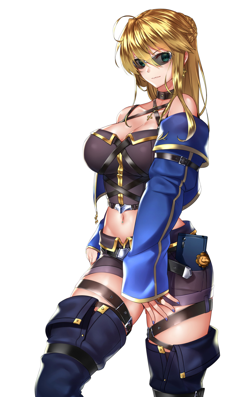 1girl absurdres ahoge artoria_pendragon_(fate) artoria_pendragon_(lancer)_(fate) bare_shoulders belt blue_jacket blue_legwear blush braid breasts choker cleavage closed_mouth collarbone crop_top earrings fate/grand_order fate_(series) french_braid green_eyes grey_shorts hair_between_eyes highres jacket jewelry kai_(pixiv12466647) large_breasts long_hair looking_at_viewer midriff navel open_clothes open_jacket shorts sidelocks simple_background smile solo thigh_strap thighs white_background