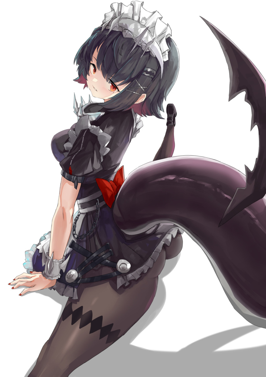 1girl ass black_hair colored_inner_hair ellen_joe fins fish_tail from_side hair_between_eyes highres looking_at_viewer mg42cat-k1ng mole mole_under_eye multicolored_hair red_eyes red_hair shadow shark_girl shark_tail short_hair simple_background sitting solo spread_legs tail white_background zenless_zone_zero