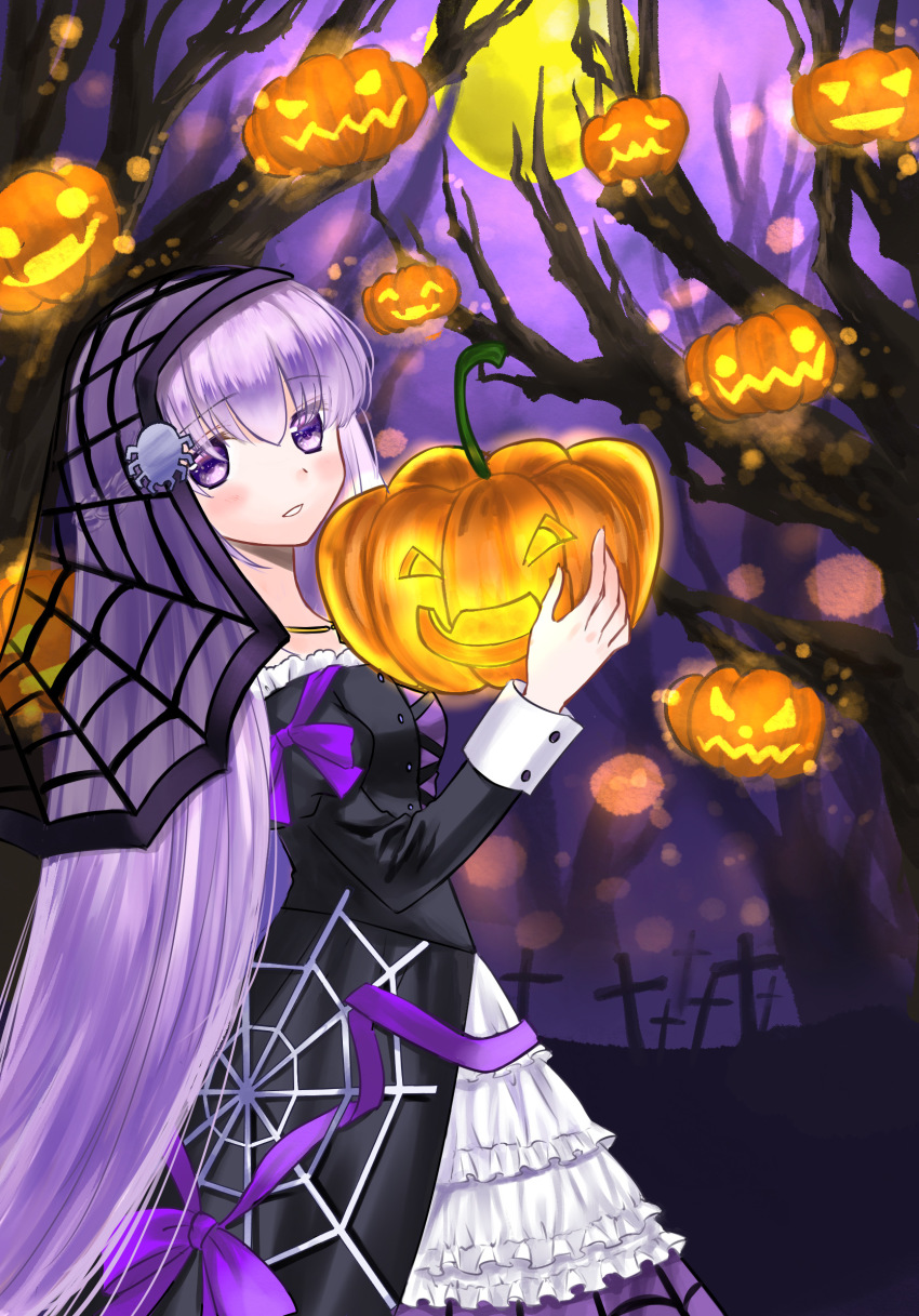 1girl absurdly_long_hair alternate_costume black_dress bo_(774berry) bright_pupils bug commission dress fire_emblem fire_emblem:_the_binding_blade fire_emblem_heroes food halloween halloween_costume happy_halloween highres holding holding_food holding_pumpkin holding_vegetable jack-o&#039;-lantern lolita_fashion long_hair long_sleeves looking_at_viewer nintendo official_alternate_costume pixiv_commission pumpkin purple_eyes purple_hair smile sophia_(fire_emblem) spider vegetable veil very_long_hair