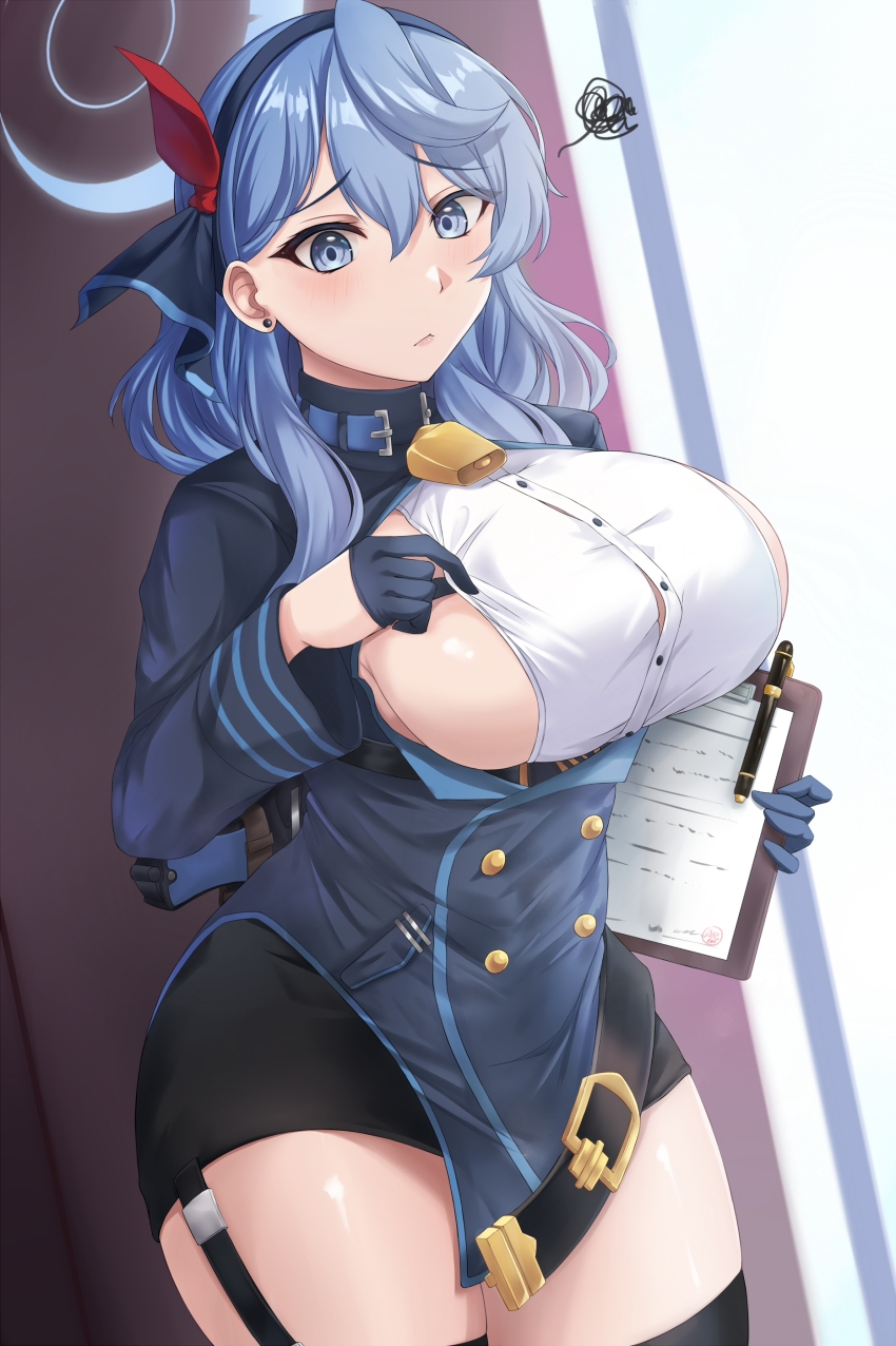 1girl absurdres ako_(blue_archive) bell black_garter_straps black_hairband black_skirt black_thighhighs blue_archive blue_eyes blue_hair blue_halo breasts earrings garter_straps gloves hair_between_eyes hairband half_gloves halo highres huge_breasts jewelry miniskirt neck_bell sideboob sideless_outfit sideless_shirt skirt solo stud_earrings thighhighs zatma0041