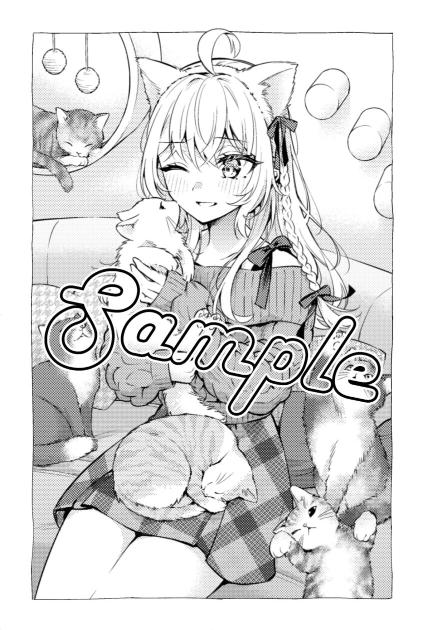 1girl ahoge alisa_mikhailovna_kujou animal animal_ears border bow braid cat cat_ears commentary_request couch fake_animal_ears greyscale hair_bow highres holding holding_animal holding_cat indoors long_hair long_sleeves looking_at_animal monochrome multiple_cats official_art on_couch one_eye_closed sample_watermark sitting skirt sleeves_past_wrists smile solo tenacitysaho tokidoki_bosotto_roshia-go_de_dereru_tonari_no_alya-san watermark