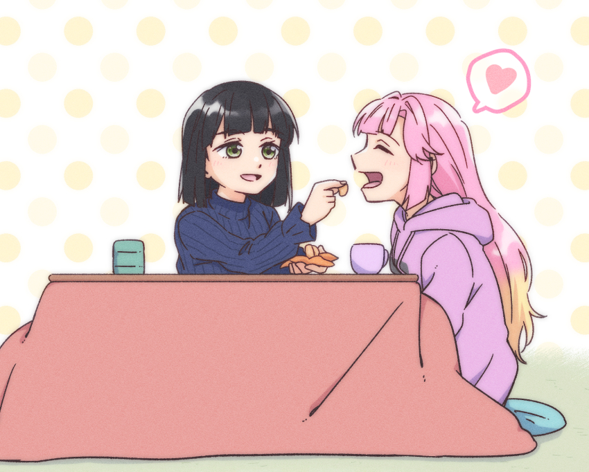 2girls :d ^_^ anyoji_hime anyoji_hime_(winter_loungewear) black_hair blonde_hair blue_sweater blunt_bangs blunt_ends bob_cut closed_eyes commentary_request cup donpa feeding food fruit full_body gradient_hair green_eyes hair_down hair_intakes heart highres holding holding_food holding_fruit hood hood_down hoodie kotatsu link!_like!_love_live! long_hair long_sleeves looking_at_another loungewear love_live! mandarin_orange mandarin_orange_slice momose_ginko momose_ginko_(winter_loungewear) multicolored_hair multiple_girls official_alternate_costume open_mouth orange_peel pink_hair polka_dot polka_dot_background profile purple_hoodie ribbed_sweater short_hair sidelocks smile spoken_heart sweater swept_bangs table teacup turtleneck turtleneck_sweater very_long_hair virtual_youtuber yellow_background yunomi