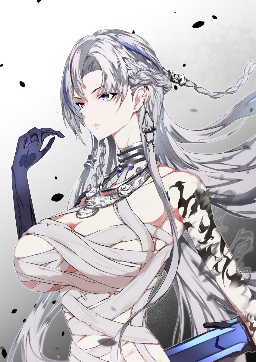 1girl absurdres alpha_(pgr) arm_tattoo bandaged_chest black_gloves blue_hair braid breasts earrings elbow_gloves french_braid gloves grey_eyes grey_hair hair_ornament heterochromia highres jewelry large_breasts long_hair lucia:_crimson_weave_(pgr) lucia:_crimson_weave_(zhuolu&#039;s_rain)_(pgr) multicolored_hair necklace official_alternate_costume parted_lips punishing:_gray_raven red_eyes red_hair side_braid single_glove solo streaked_hair sword takashi_san tattoo very_long_hair weapon