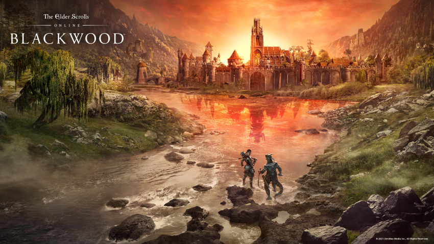 1boy 1girl absurdres argonian armor castle copyright_name english_text european_architecture highres holding holding_weapon official_art outdoors reptile_boy sunset the_elder_scrolls the_elder_scrolls_online tree water weapon