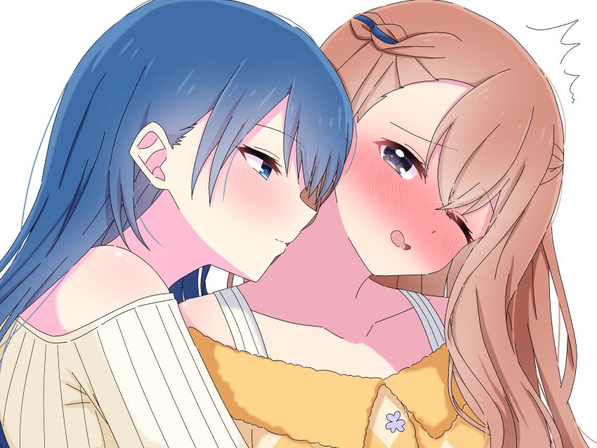 2girls absurdres blue_eyes blue_hair blush closed_mouth commentary_request grey_eyes half_up_braid hanasato_minori highres hrtahm kiritani_haruka kiss kissing_neck long_hair looking_at_another multiple_girls off-shoulder_shirt off_shoulder one_eye_closed open_mouth orange_hair orange_shirt project_sekai ribbon_braid shirt simple_background upper_body white_background white_shirt yuri