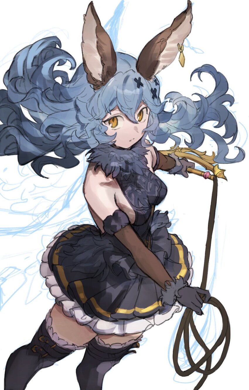 1girl animal_ears backless_dress backless_outfit blue_hair breasts dress earrings erune ferry_(granblue_fantasy) ferry_(grand)_(granblue_fantasy) fur_trim granblue_fantasy hashibiro_kou_(garapiko_p) highres holding holding_whip jewelry looking_at_viewer rabbit_ears sideboob sideless_outfit single_earring solo thighhighs wavy_hair whip yellow_eyes