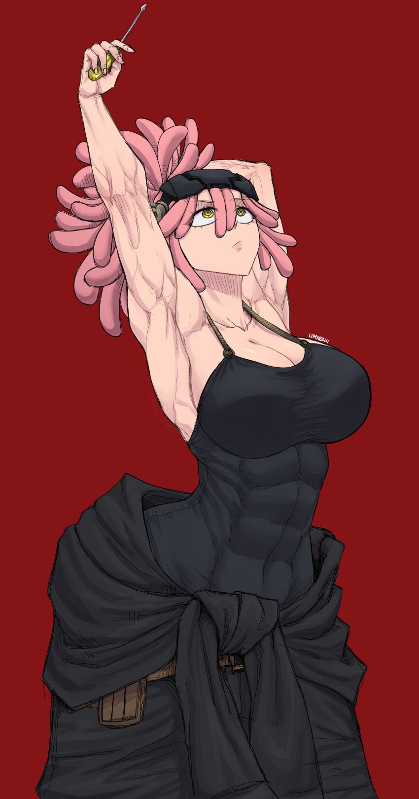 1girl armpits artist_name ass black_tank_top boku_no_hero_academia breasts cleavage clothes_around_waist crosshair_pupils hatsume_mei jacket jacket_around_waist large_breasts limn044 muscular muscular_female pink_hair ponytail red_background screwdriver solo stretching symbol-shaped_pupils tank_top watermark yellow_eyes