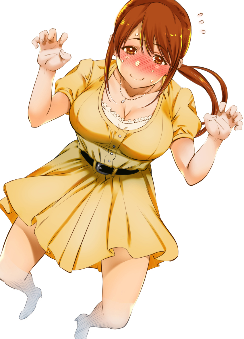 1girl bad_leg belt blush breasts brown_eyes brown_hair cleavage commentary_request dress full-face_blush hair_between_eyes highres idolmaster idolmaster_cinderella_girls idolmaster_cinderella_girls_starlight_stage jewelry large_breasts leaning_forward long_hair looking_at_viewer mifune_miyu necklace shigaoka solo sweatdrop yellow_dress