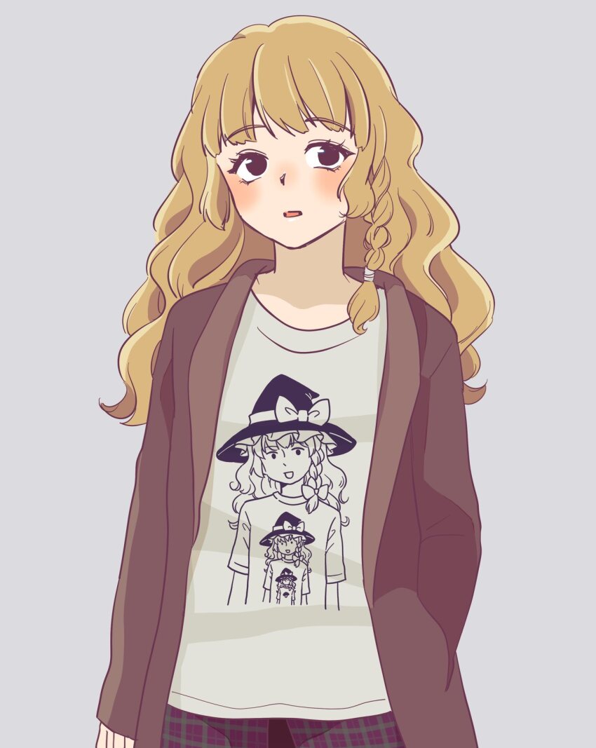 1girl black_eyes blonde_hair blush braid character_print commentary_request hand_in_pocket hat highres jacket kirisame_marisa long_hair long_sleeves looking_to_the_side namaashi open_clothes open_jacket open_mouth recursion self_character_print shirt side_braid solo touhou witch witch_hat