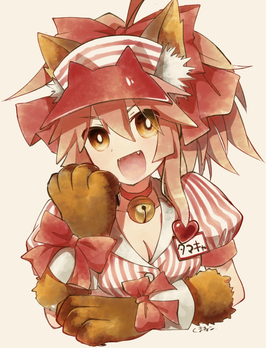 1girl animal_ear_fluff animal_ears animal_hands bell breasts cat_paws cleavage collar collarbone dress fangs fate/grand_order fate_(series) fox_ears fox_girl gloves hair_ribbon highres jingle_bell large_breasts long_hair lostroom_outfit_(fate) neck_bell open_mouth paw_gloves pink_hair ponytail red_ribbon ribbon simple_background solo striped_clothes striped_dress tamamo_(fate) tamamo_cat_(fate) white_background yellow_eyes