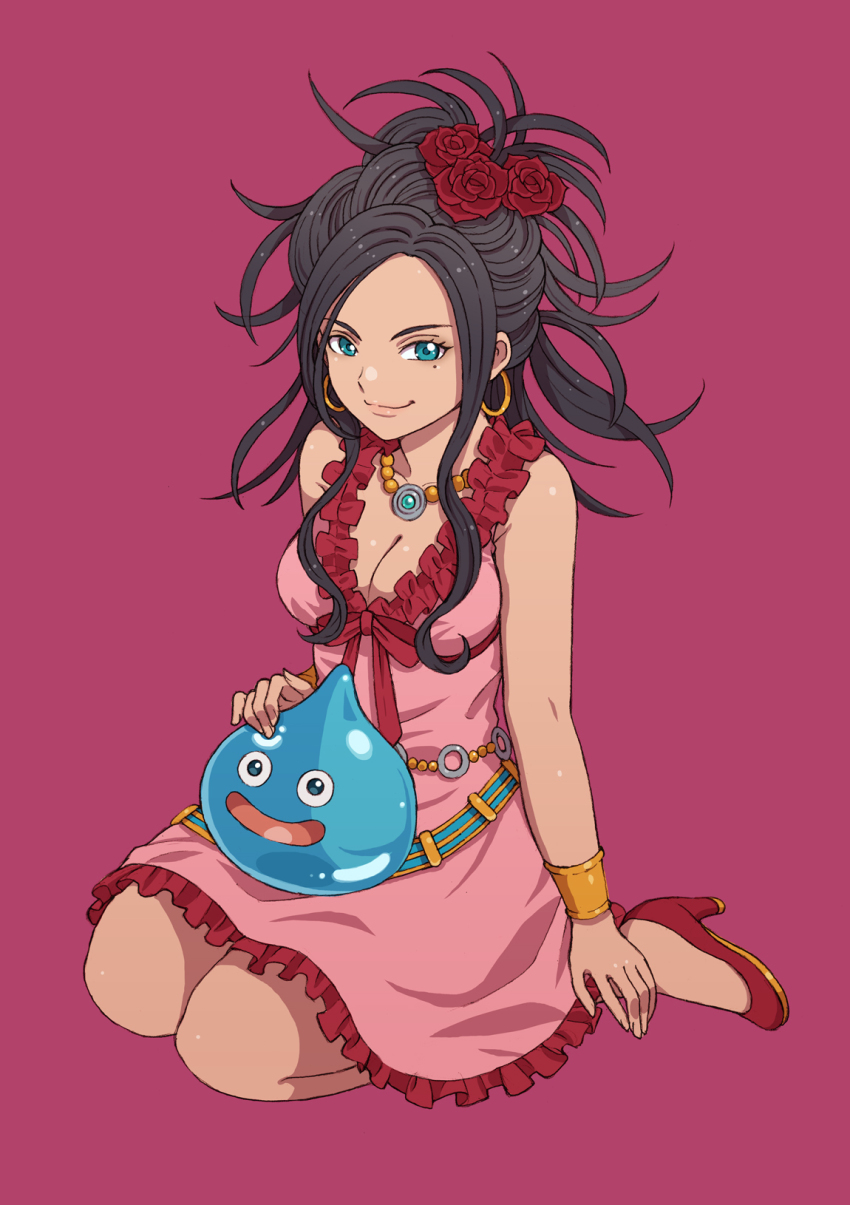 1girl bare_shoulders black_hair blue_eyes bracelet breasts cleavage closed_mouth deborah_(dq5) dragon_quest dragon_quest_v dress earrings flower frilled_dress frills hair_flower hair_ornament high_heels highres hoop_earrings jewelry long_hair looking_at_viewer medium_breasts mole mole_under_eye necklace pink_background pink_dress red_footwear red_ribbon ribbon shoes simple_background sitting slime_(creature) slime_(dragon_quest) smile tanuki_koubou wariza