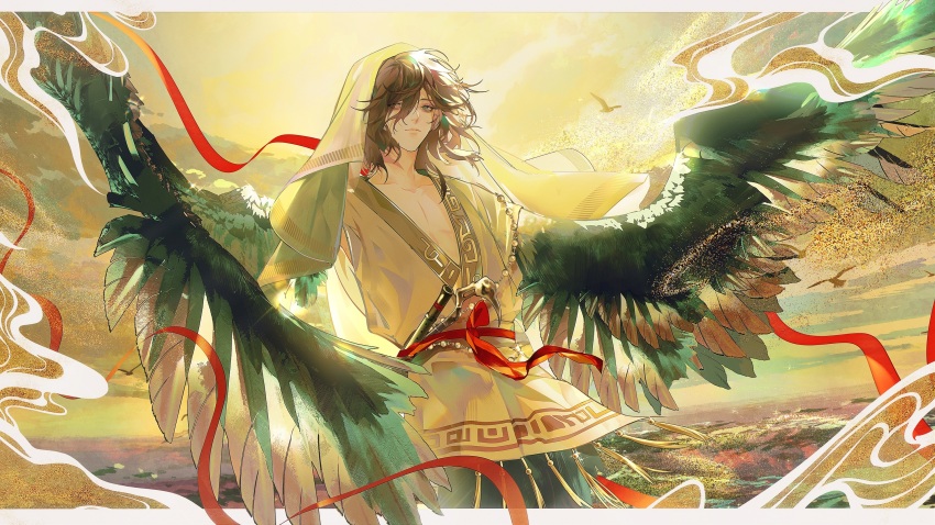 1boy bird_wings bone_weapon brown_hair closed_mouth cloud feathered_wings feathers flute getian_(reverse:1999) green_feathers green_wings grey_eyes hanfu harpy_boy headscarf heterochromia highres instrument jiao_wo_longlong_ba_qiu_ni_le looking_at_viewer male_focus medium_hair monster_boy outstretched_arms red_ribbon reverse:1999 ribbon solo spread_arms upper_body white_hanfu winged_arms wings yellow_background