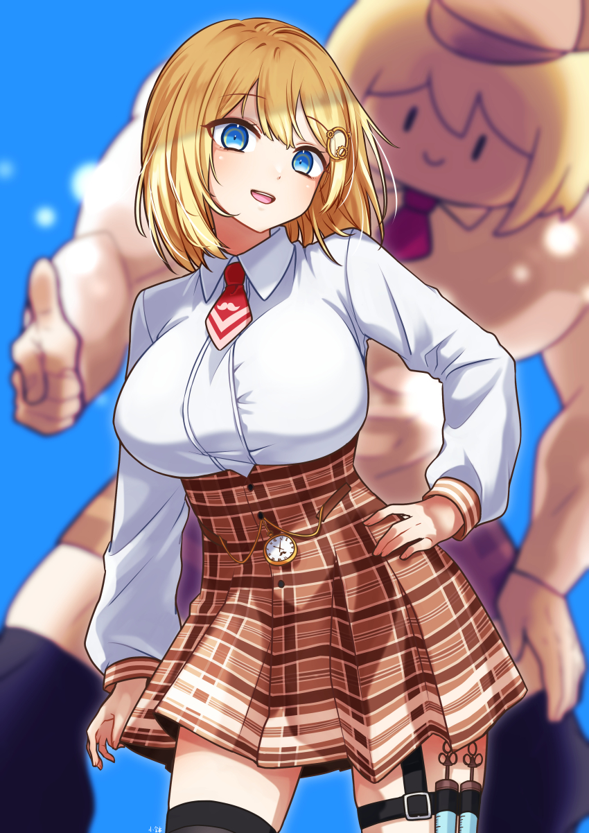 1girl absurdres black_thighhighs blonde_hair blue_eyes blurry blurry_background bob_cut breasts buffson collared_shirt constricted_pupils cowboy_shot hair_ornament hand_on_own_hip head_tilt high-waist_skirt highres hololive hololive_english holster kobachi_k_88 large_breasts long_sleeves looking_at_viewer medium_hair necktie open_mouth plaid_clothes plaid_skirt pocket_watch projected_inset shirt single_thighhigh skirt smile swept_bangs syringe taut_clothes taut_shirt thigh_holster thigh_strap thighhighs virtual_youtuber watch watson_amelia