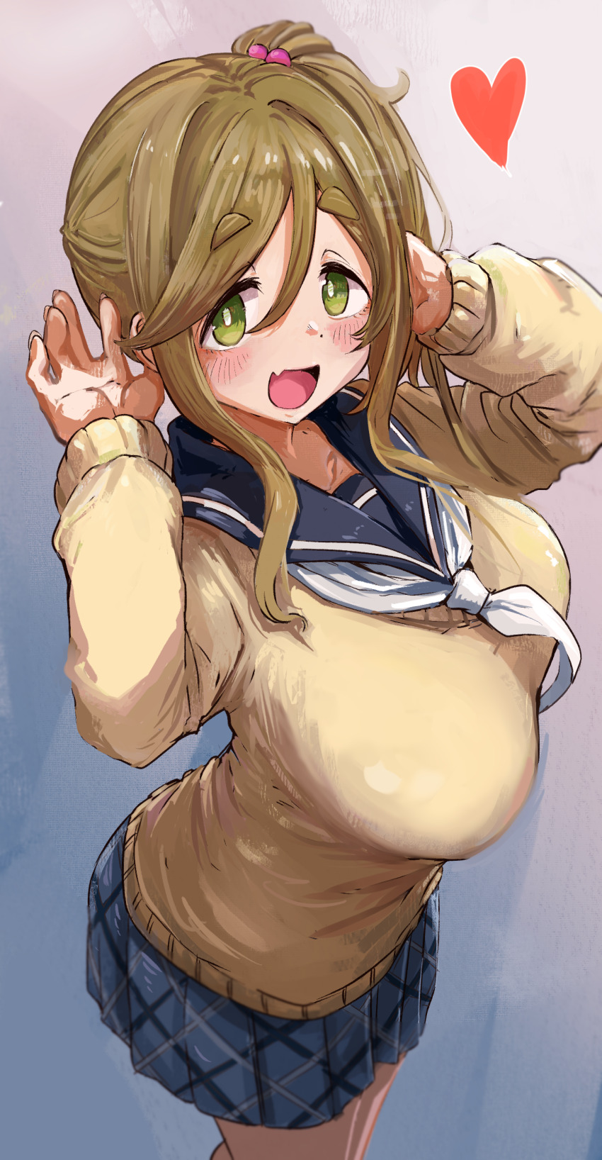 1girl :d absurdres blush breasts brown_hair cardigan fang green_eyes hair_between_eyes heart highres inuyama_aoi ishijimajirou large_breasts long_hair looking_at_viewer open_mouth pleated_skirt school_uniform serafuku side_ponytail skin_fang skirt smile solo thick_eyebrows yurucamp