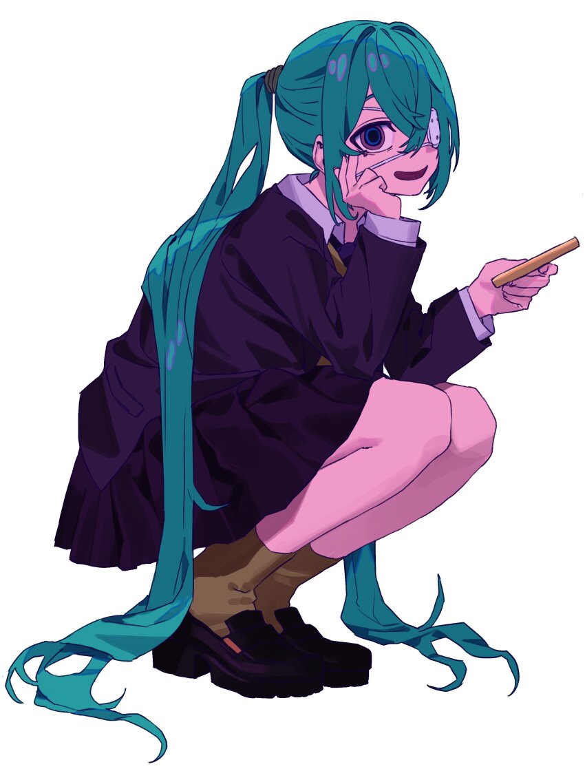 1girl absurdres aqua_hair black_footwear black_jacket black_skirt blue_pupils collared_shirt commentary_request eyepatch full_body hand_on_own_cheek hand_on_own_face hatsune_miku highres holding jacket loafers long_hair medical_eyepatch monitoring_(vocaloid) open_mouth p_(pm_611a) purple_eyes ringed_eyes school_uniform shirt shoes simple_background skirt smile solo squatting very_long_hair vocaloid white_background