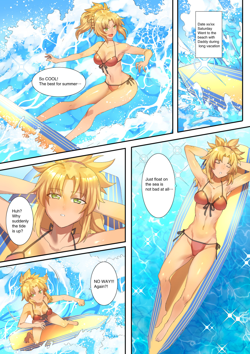 absurdres alternate_costume barefoot bikini blonde_hair breasts closed_eyes comic english_text fate/grand_order fate_(series) green_eyes highres lying medium_breasts mordred_(fate) navel ocean on_back ponytail red_bikini side-tie_bikini_bottom smile source_request surfboard surfing swimsuit tempuru water