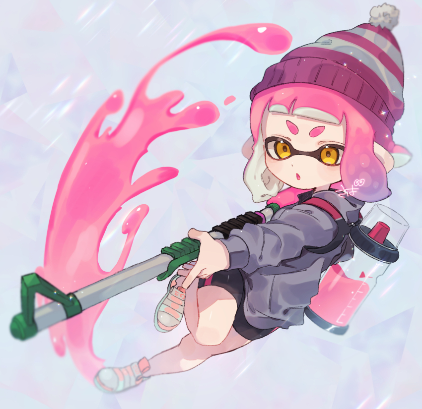 1girl :o beanie black_shorts grey_sweater hat highres ink_tank_(splatoon) inkling inkling_girl inkling_player_character long_sleeves nintendo pink_hair pointy_ears sabata_saba shoes short_hair short_shorts shorts sneakers splashing splat_charger_(splatoon) splatoon_(series) sweater tentacle_hair v-shaped_eyebrows white_background white_footwear yellow_eyes