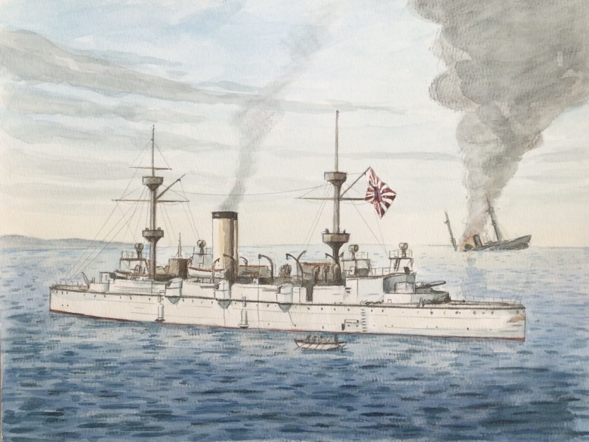 atelier_bono cannon cloud cruiser flag highres imperial_japanese_navy mast military_vehicle naniwa_(cruiser) ocean original painting_(medium) rising_sun_flag russo-japanese_war ship sinking sky smoke sunburst traditional_media turret warship watercolor_(medium) watercraft