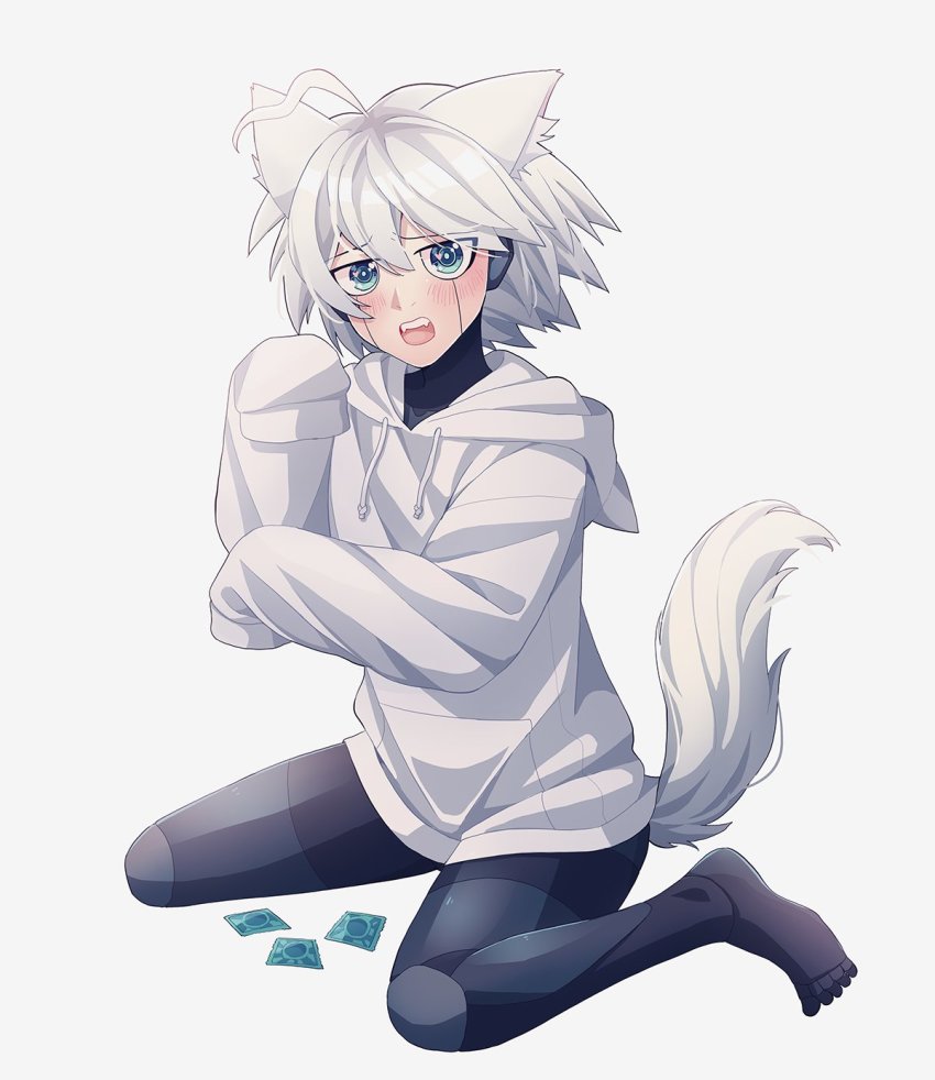 1boy ahoge alternate_costume android animal_ears barefoot black_skin blush bottomless colored_skin commentary condom condom_wrapper danganronpa_(series) danganronpa_v3:_killing_harmony dog_ears dog_tail english_commentary fangs green_eyes grey_hair hand_up highres hood hood_down hoodie k1-b0 long_sleeves looking_at_viewer male_focus medium_hair mishmasz open_mouth simple_background sitting sleeves_past_fingers sleeves_past_wrists solo tail wariza white_background