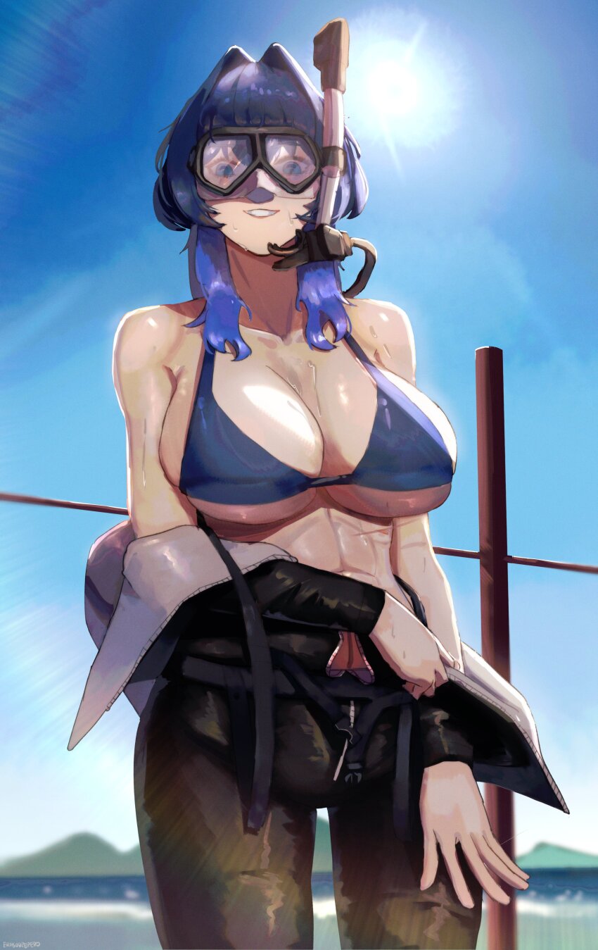 1girl abs absurdres bare_shoulders bikini black_wetsuit blue_bikini blue_eyes blue_hair blue_sky blush bodysuit breasts cleavage cloud collarbone cowboy_shot day diving_mask diving_mask_on_head diving_suit erasorpepero eyewear_on_head goggles goggles_on_head hair_intakes highres hololive hololive_english jewelry large_breasts long_hair looking_at_viewer multicolored_hair open_wetsuit ouro_kronii scuba scuba_gear short_hair sky smile solo swimsuit virtual_youtuber wetsuit zipper zipper_pull_tab