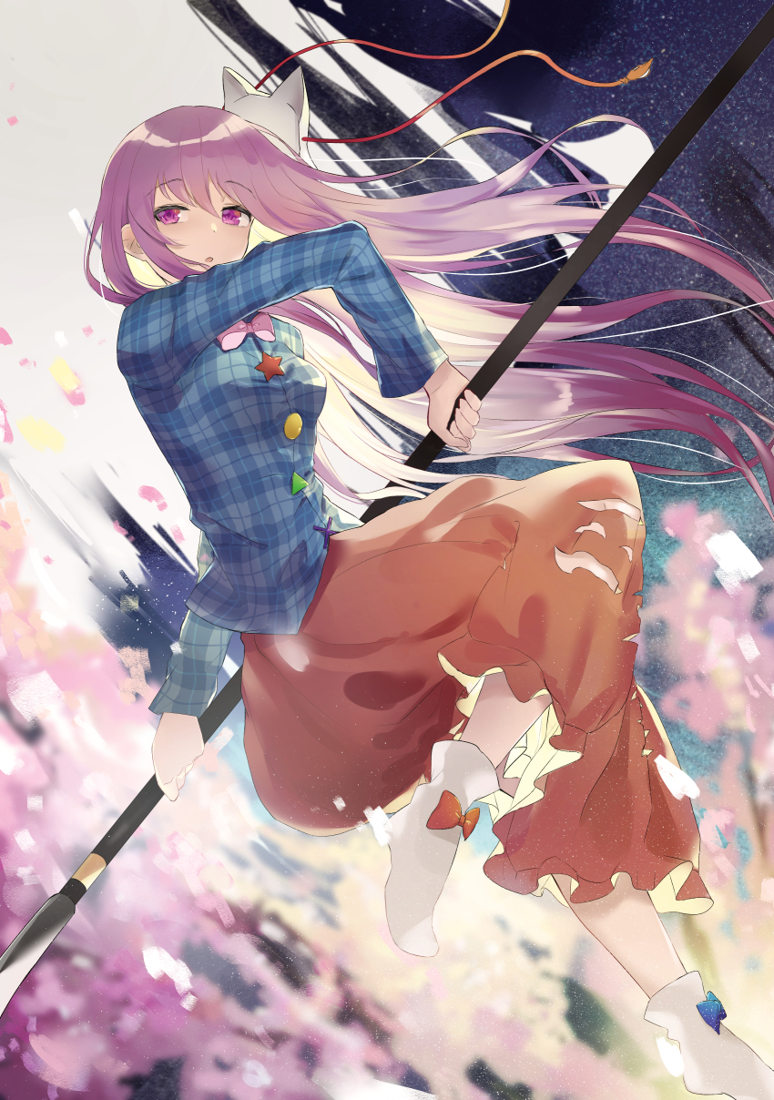 1girl :o absurdres bow bowtie breasts expressionless fox_mask from_side full_body hair_between_eyes half-closed_eyes hata_no_kokoro highres holding holding_polearm holding_weapon leg_up long_hair long_skirt long_sleeves looking_at_viewer mask mask_on_head medium_breasts naginata orange_skirt pink_bow pink_bowtie pink_eyes pink_hair plaid_clothes plaid_shirt polearm rice_(okome_no_naru_ki) shirt skirt small_breasts touhou very_long_hair weapon