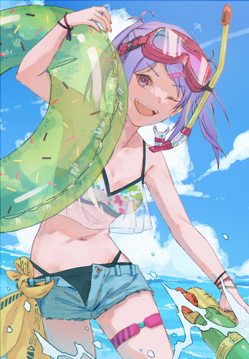 1girl bikini blue_sky breasts cloud cloudy_sky collarbone denim denim_shorts diving_mask goggles heaven_burns_red highres ishii_iroha medium_breasts multicolored_hair navel ocean purple_eyes purple_hair sharp_teeth shorts sky solo streaked_hair swim_ring swimsuit teeth wbon