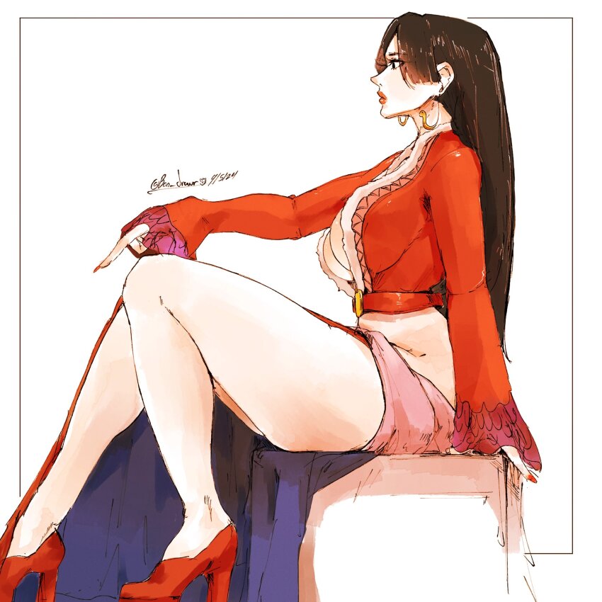 1girl black_hair boa_hancock bon_drawr commentary crop_top dated earrings full_body high_heels highres jewelry long_hair long_sleeves looking_ahead one_piece pointing profile red_footwear red_lips red_nails red_shirt shirt side_slit sidelocks simple_background sitting snake_earrings solo thighs twitter_username white_background