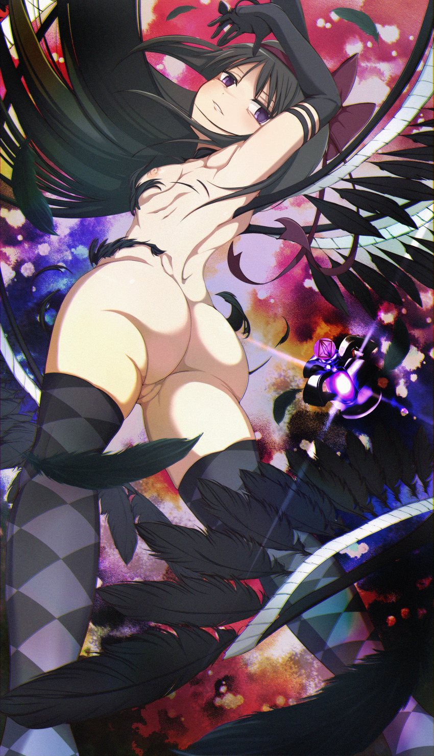 1girl absurdres akemi_homura akuma_homura argyle argyle_clothes argyle_legwear ass black_gloves black_hair black_wings bow breasts choker cleft_of_venus completely_nude dai_toro dark_orb_(madoka_magica) elbow_gloves evil_smile feathered_wings feathers gloves hair_bow hairband henshin highres long_hair looking_at_viewer looking_back mahou_shoujo_madoka_magica nipples nude purple_eyes pussy red_hairband ribbon small_breasts smile solo thighhighs wings