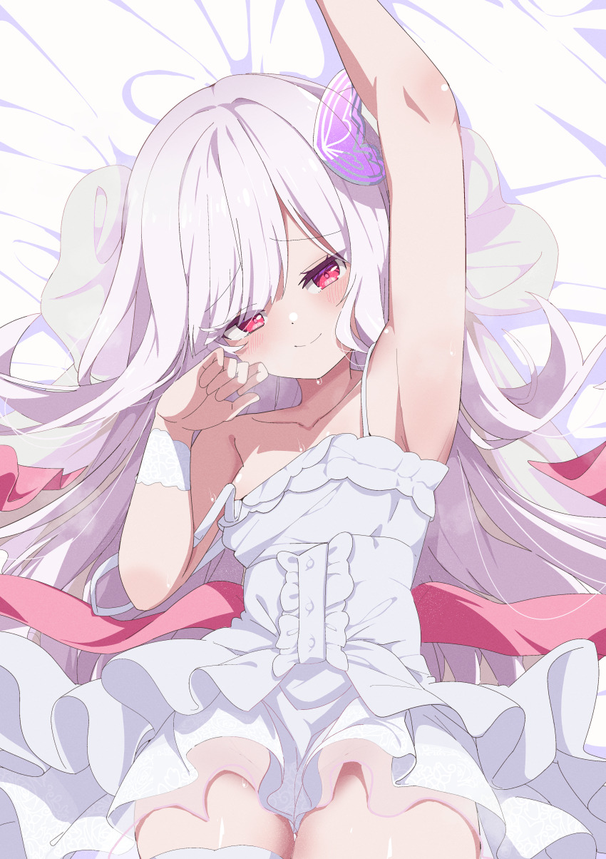 1girl absurdres arm_up armpits bare_shoulders blush commission dress hair_ornament highres layered_skirt long_hair looking_at_viewer lying original red_eyes shiro9jira skeb_commission skirt smile solo sweat twintails white_dress white_hair wrist_cuffs