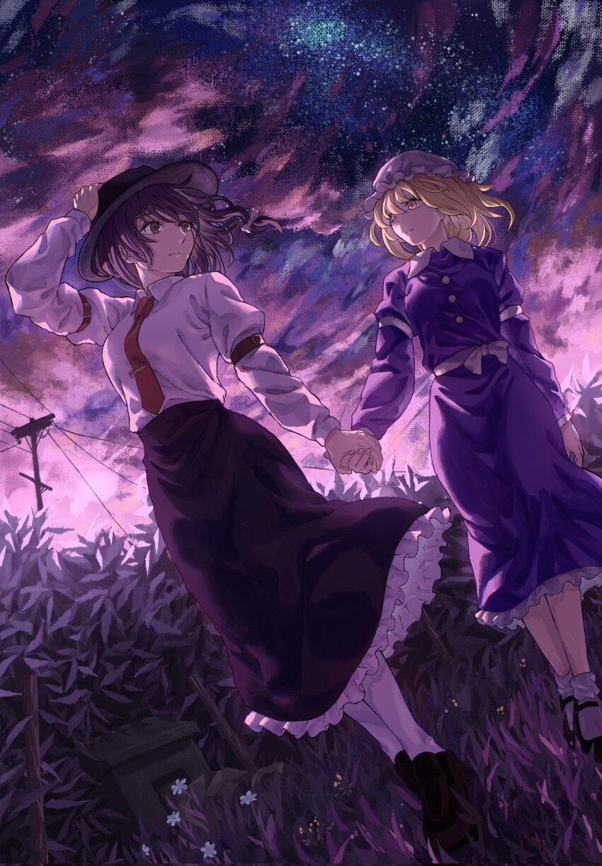 2girls bababa blonde_hair bow brown_eyes brown_hair bush cloud cloudy_sky dress fedora flower grass hair_bow hat highres holding holding_hands long_sleeves maribel_hearn mob_cap multiple_girls necktie on_grass pantyhose pink_clouds plant purple_dress red_necktie ribbon-trimmed_skirt ribbon_trim shirt short_hair skirt sky smile star_(sky) starry_sky touhou usami_renko utility_pole white_bow white_pantyhose white_shirt yellow_eyes